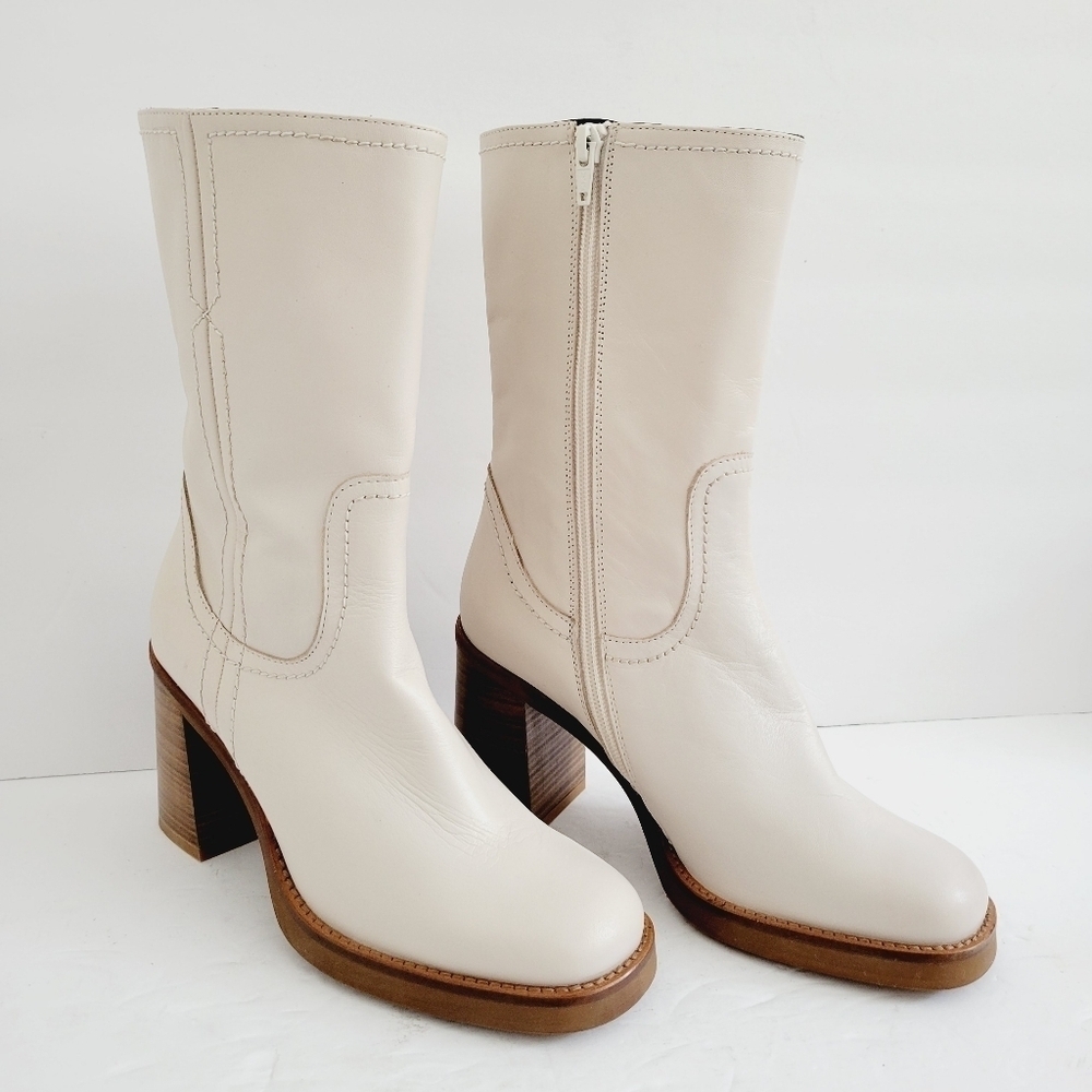 Chocolat Blu Zac Mid Calf White Leather Bootie Size 7.5-8